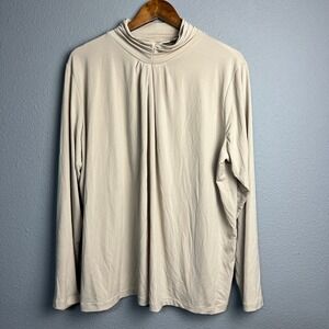 Susan Graver Mock Neck Monochrome Neutral L/SL Top 1X Pleated Front Beige Staple